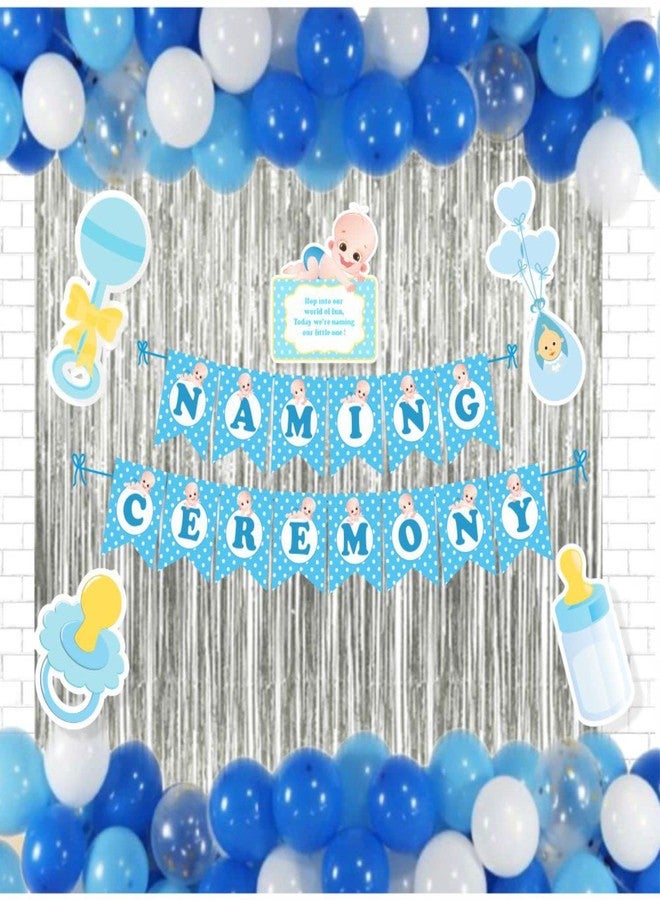 Untumble Naming Ceremony Decor Kit|Blue Baby Boy Name Kit With Banner, Silver Foil Curtain & Balloons|Naming Items For Boy|Pack Of 42, Wedding / Party - Image 1
